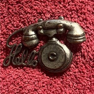 Rotary Telephone Pin Brooch Vintage Silver Pewter Tone With Hello